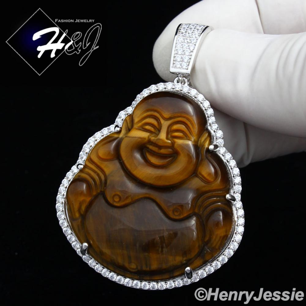 MEN 925 STERLING SILVER LAB DIAMOND ICED BLING TIGER EYE STONE BUDDHA PENDANT*SP148