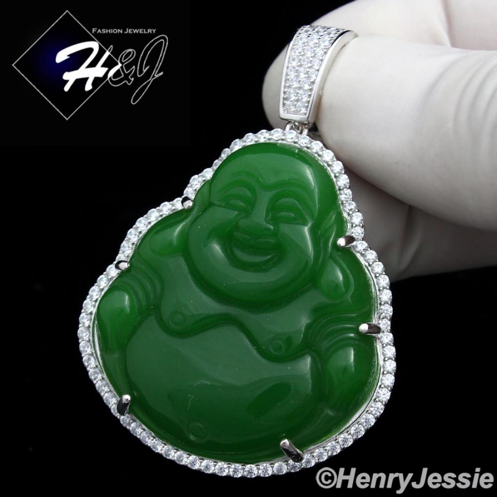 MEN 925 STERLING SILVER LAB DIAMOND ICED BLING GREEN JADE BUDDHA PENDANT*SP148