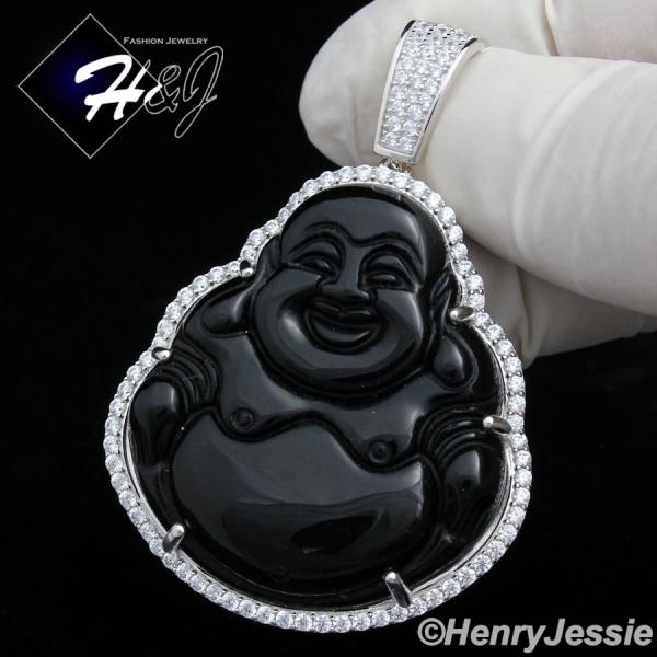 MEN 925 STERLING SILVER LAB DIAMOND ICED BLING BLACK ONYX BUDDHA PENDANT*SP148
