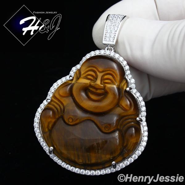 MEN 925 STERLING SILVER LAB DIAMOND ICED BLING TIGER EYE STONE BUDDHA PENDANT*SP148