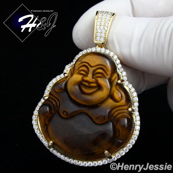 MEN 925 STERLING SILVER LAB DIAMOND ICED BLING TIGER EYE STONE GOLD BUDDHA PENDANT*GP148