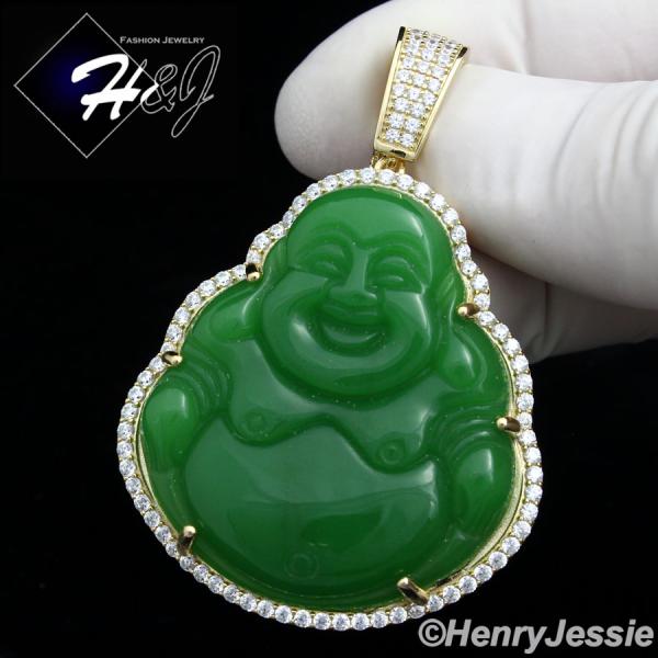 MEN 925 STERLING SILVER LAB DIAMOND ICED BLING GREEN JADE GOLD BUDDHA PENDANT*GP148
