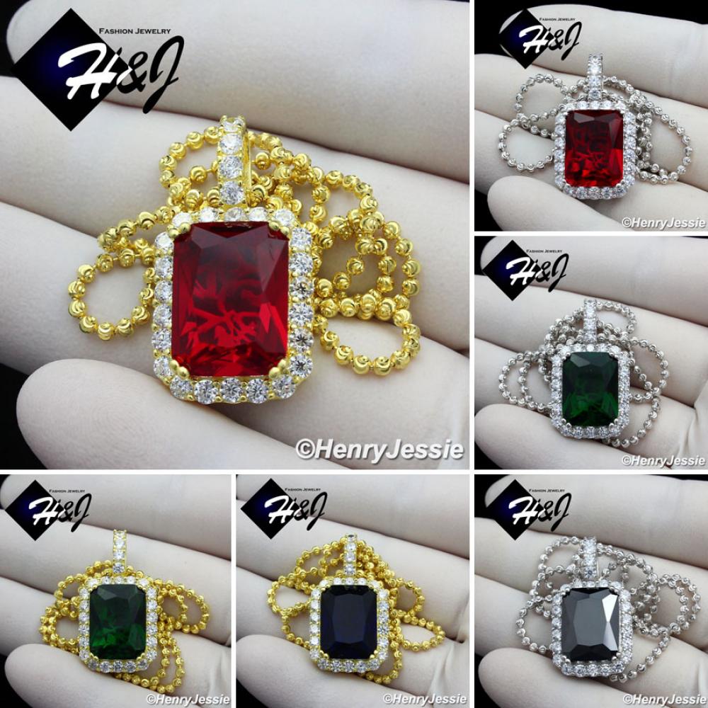 18"-30"MEN 925 STERLING SILVER 2MM SILVER/GOLD MOON CUT BEAD CHAIN BLACK/GREEN/BLUE/RUBY PENDANT*SP156