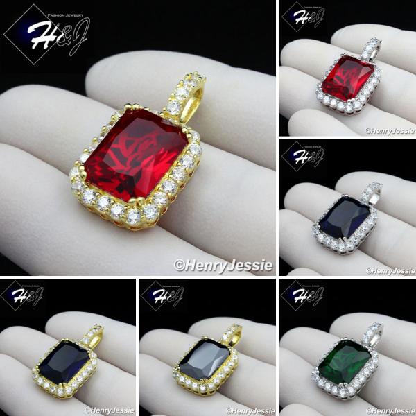 925 STERLING SILVER ICED OUT SILVER/GOLD BLACK/GREEN/BLUE/RUBY GEMSTONE PENDANT*SP156