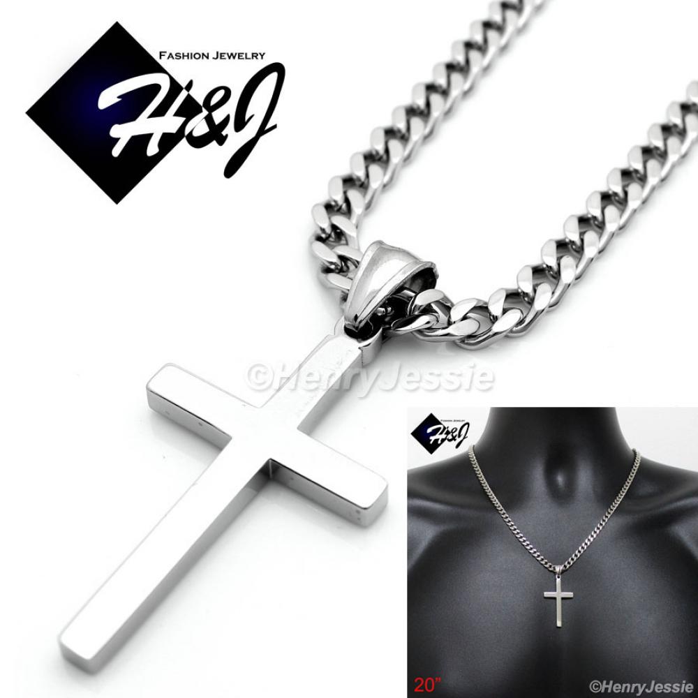 20"MEN Stainless Steel 5mm Silver Cuban Curb Link Chain Necklace Simple Plain Cross Pendant*SP