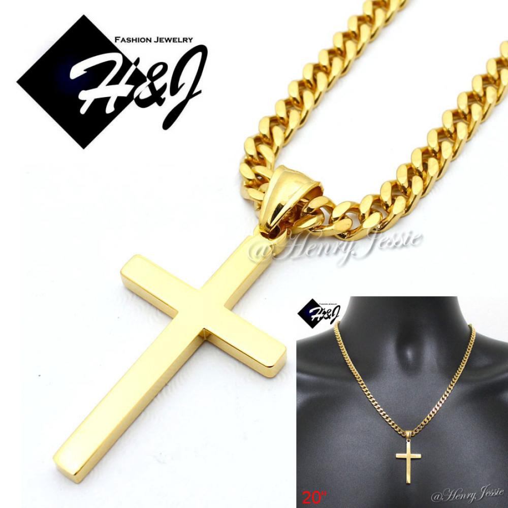 20"MEN Stainless Steel 5mm Gold Cuban Curb Link Chain Necklace Simple Plain Cross Pendant*GP