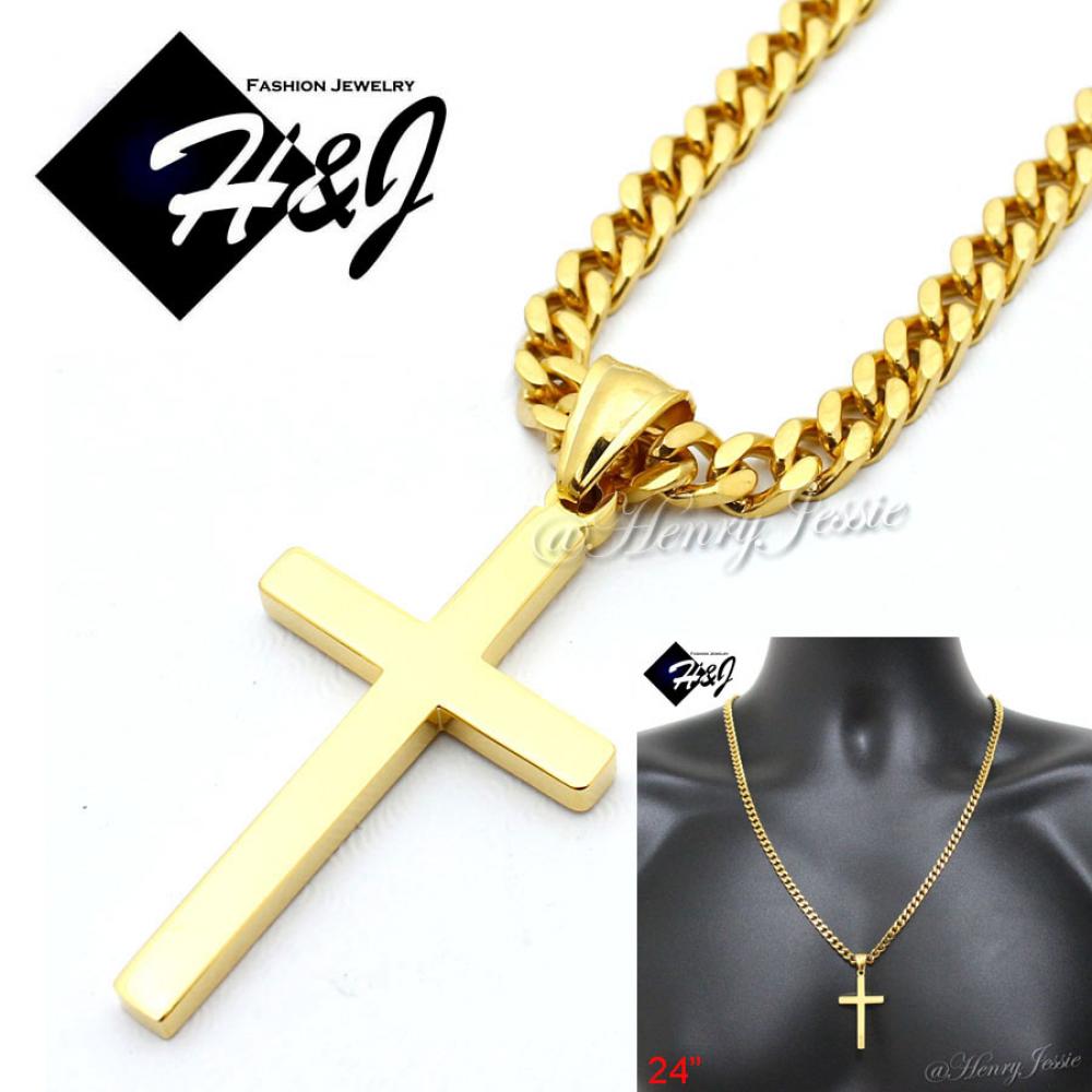 24"MEN Stainless Steel 5mm Gold Cuban Curb Link Chain Necklace Simple Plain Cross Pendant*GP