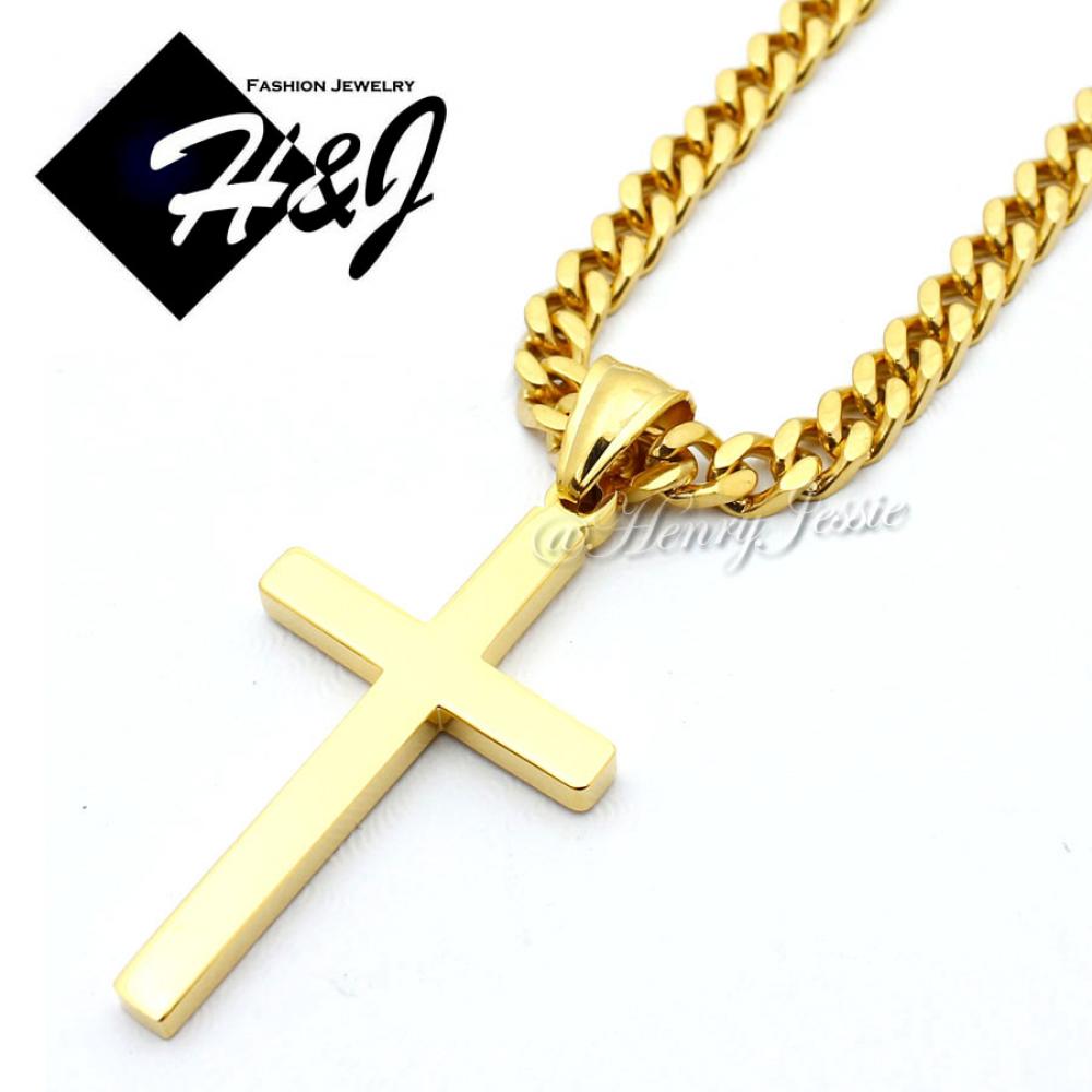 18"-36"MEN Stainless Steel 5m Gold Cuban Curb Link Chain Necklace Simple Plain Cross Pendant*GP