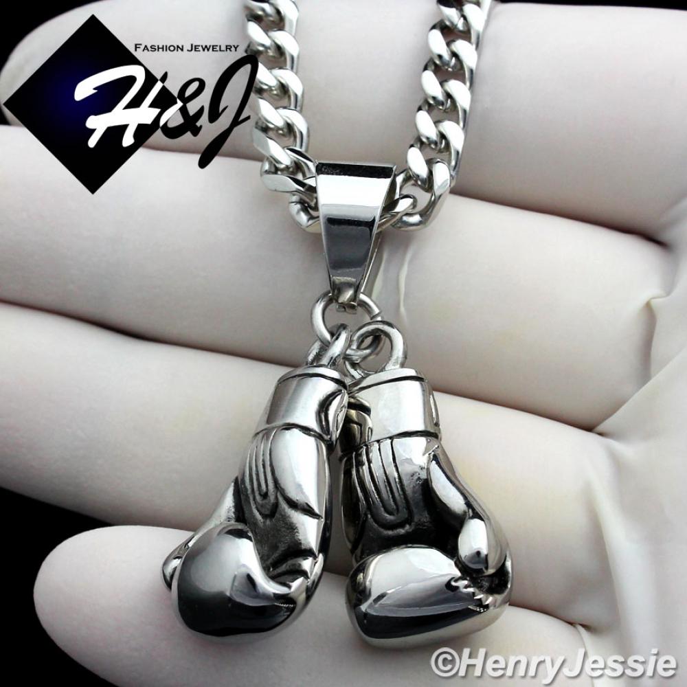 18"-36"MEN Stainless Steel 5mm Silver Cuban Curb Link Chain Necklace Double Boxing Gloves Pendant*P87