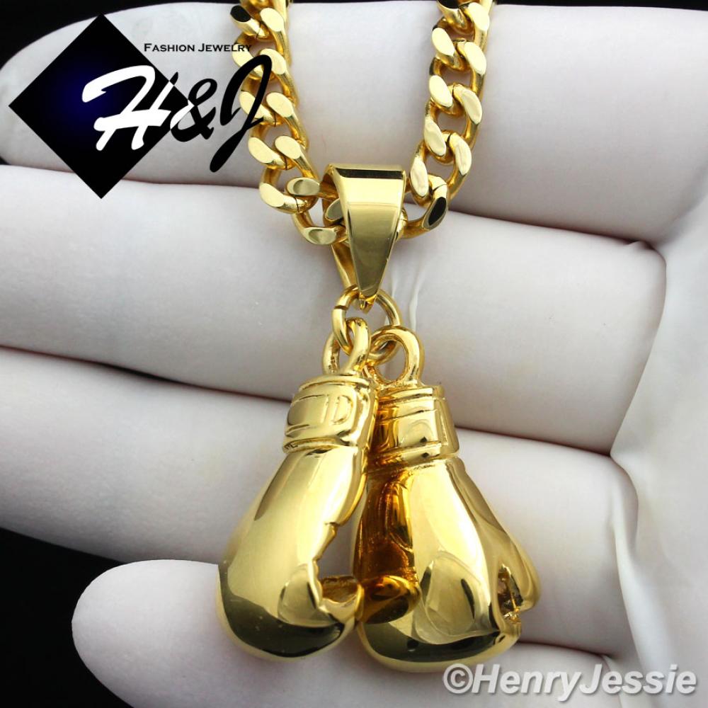 18"-36"MEN Stainless Steel 5m Gold Cuban Curb Link Chain Necklace Double Boxing Gloves Pendant*GP87