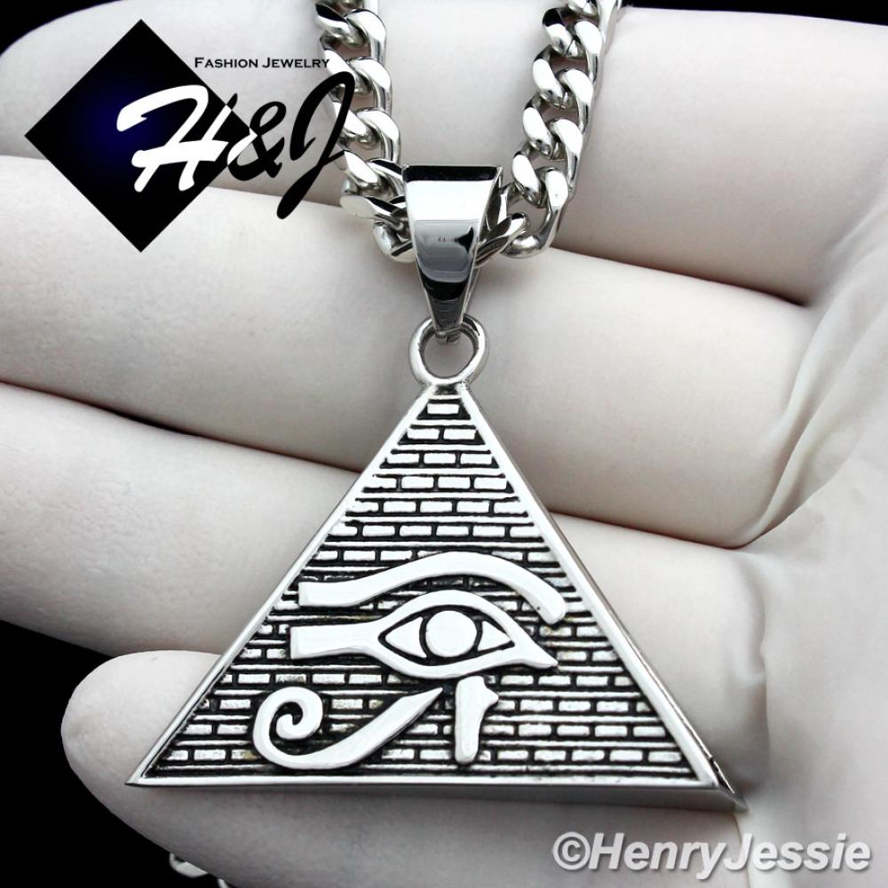 18"-36"MEN Stainless Steel 5mm Silver Cuban Curb Link Chain Necklace Eye of Horus Pendant*P89