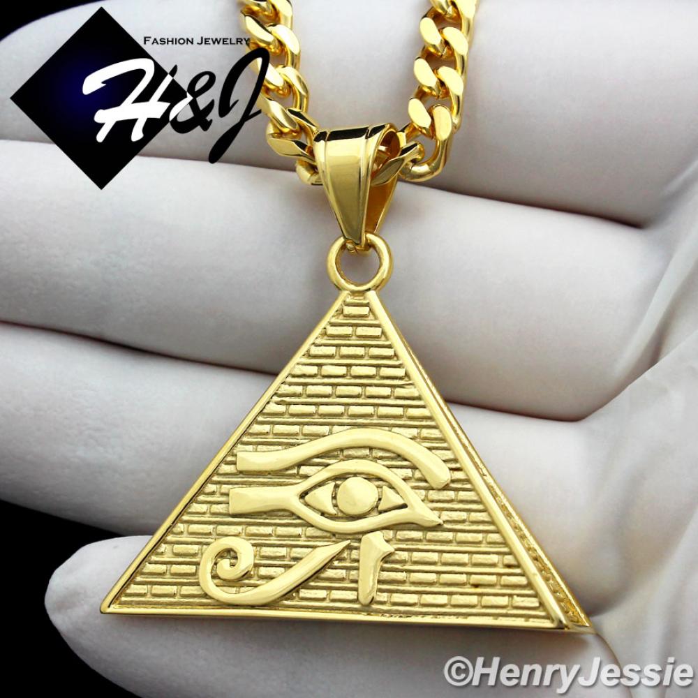 18"-36"MEN Stainless Steel 4.5mm Gold Cuban Curb Link Chain Necklace Eye of Horus Pendant*GP89