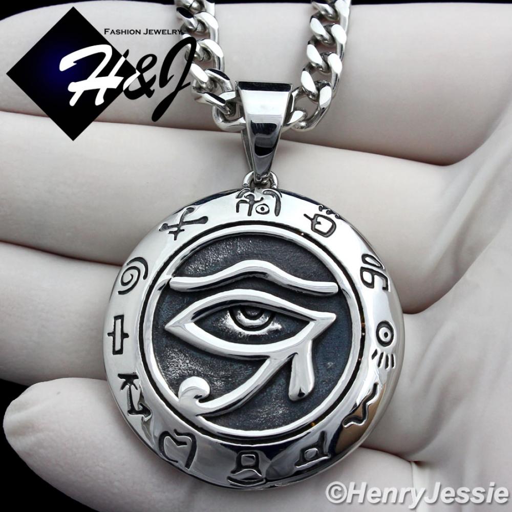 18"-36"MEN Stainless Steel 5mm Silver Cuban Curb Link Chain Necklace Eye of Horus Round Pendant*P92