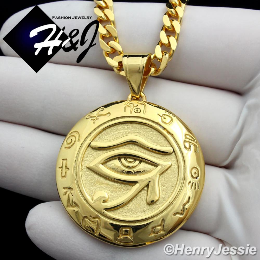 18"-36"MEN Stainless Steel 5mm Gold Cuban Curb Link Chain Necklace Eye of Horus Round Pendant*GP92