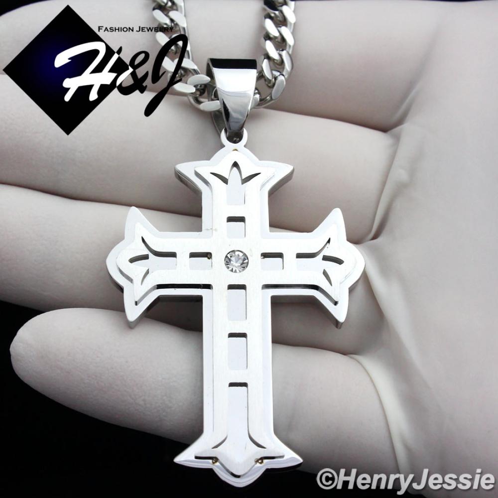 18"-36"MEN Stainless Steel 5mm Silver Cuban Curb Link Chain Necklace CZ Cross Pendant*P86