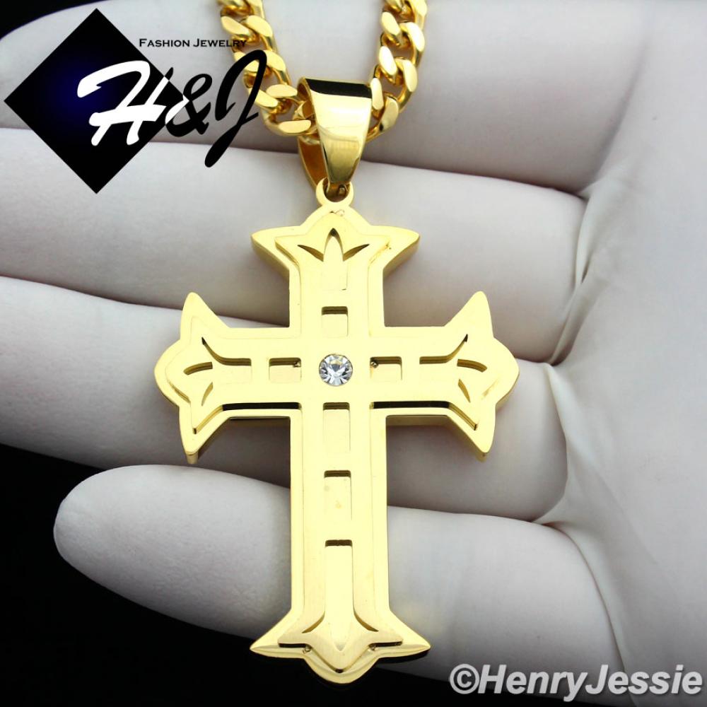 18"-36"MEN Stainless Steel 5mm Gold Cuban Curb Link Chain Necklace CZ Cross Pendant*GP86