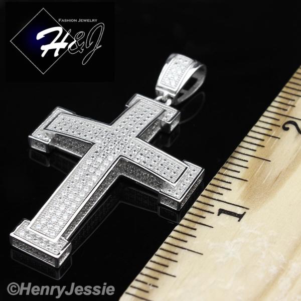 MEN 925 STERLING SILVER LAB DIAMOND ICED OUT BLING 3D CROSS CHARM PENDANT*SP26