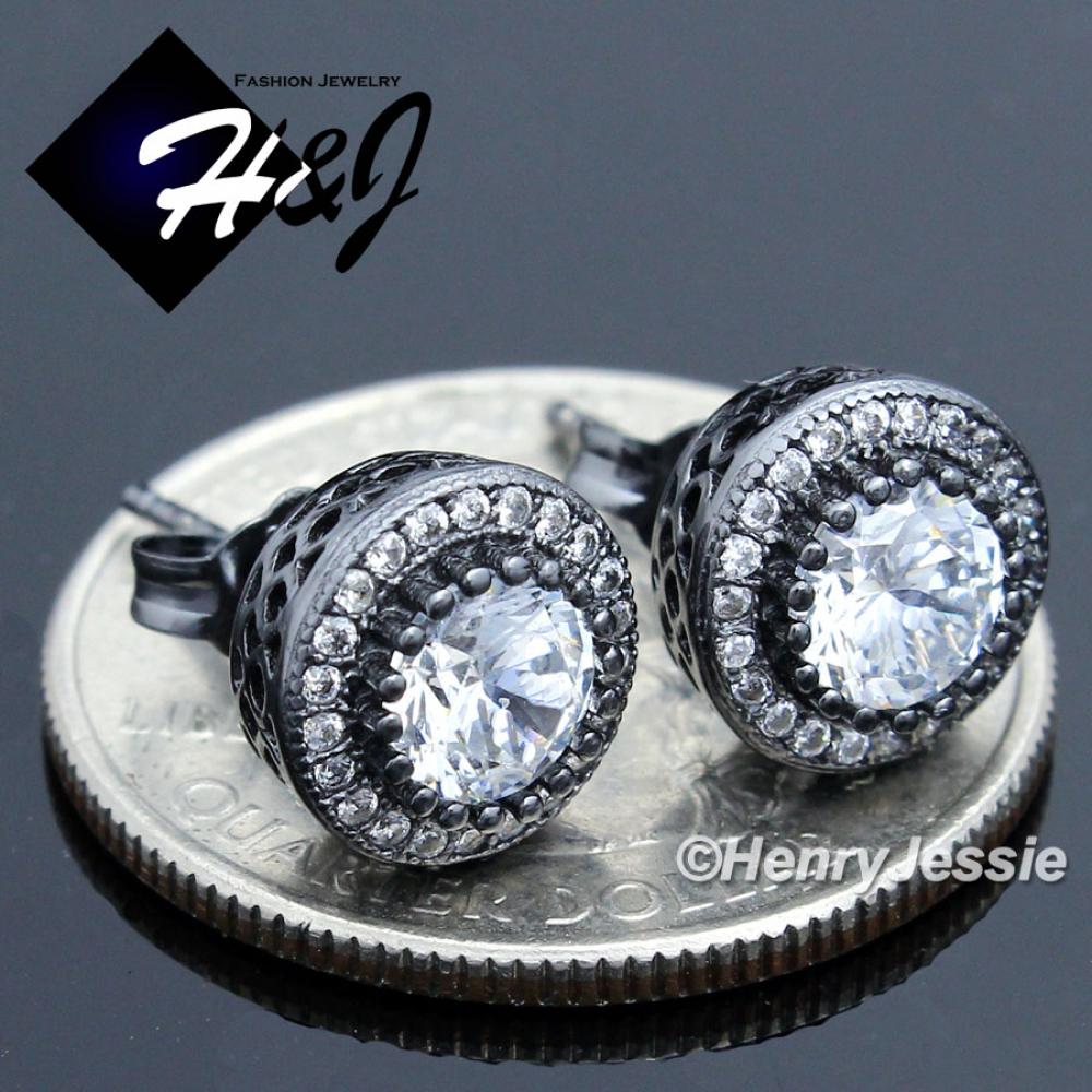 MEN WOMEN 925 STERLING SILVER 9MM LAB DIAMOND ICED ROUND BLACK/CLEAR STUD EARRING*BE80