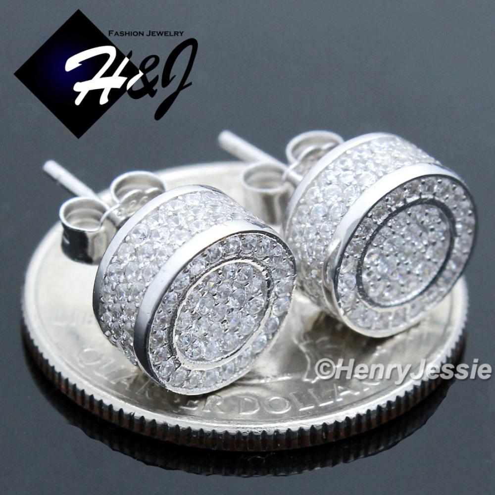 MEN 925 STERLING SILVER 9MM LAB DIAMOND ICED BLING ROUND 3D STUD EARRING*E86