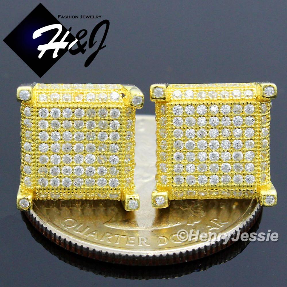 MEN 925 STERLING SILVER SQUARE 11MM LAB DIAMOND ICED GOLD STUD EARRING*E89