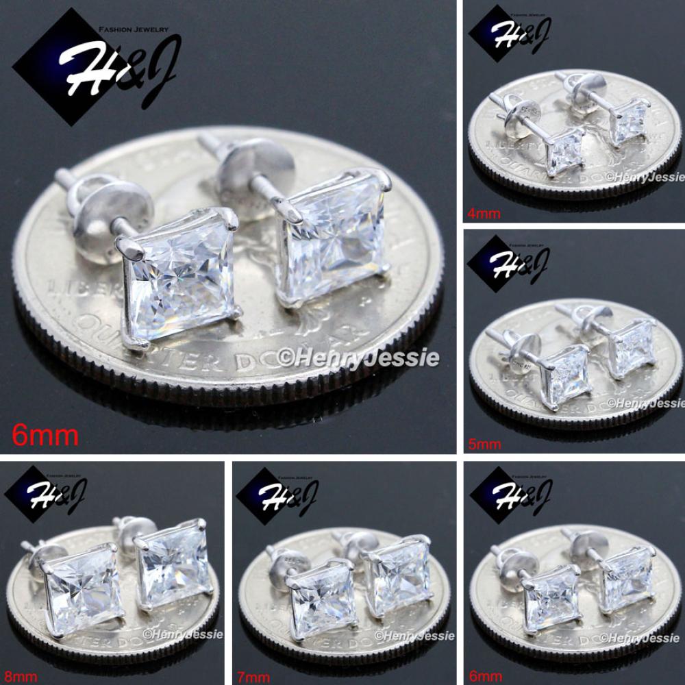 925 STERLING SILVER 4/5/6/7/8MM SQUARE CLEAR CUT CZ SCREW BACK STUD EARRING*SE93