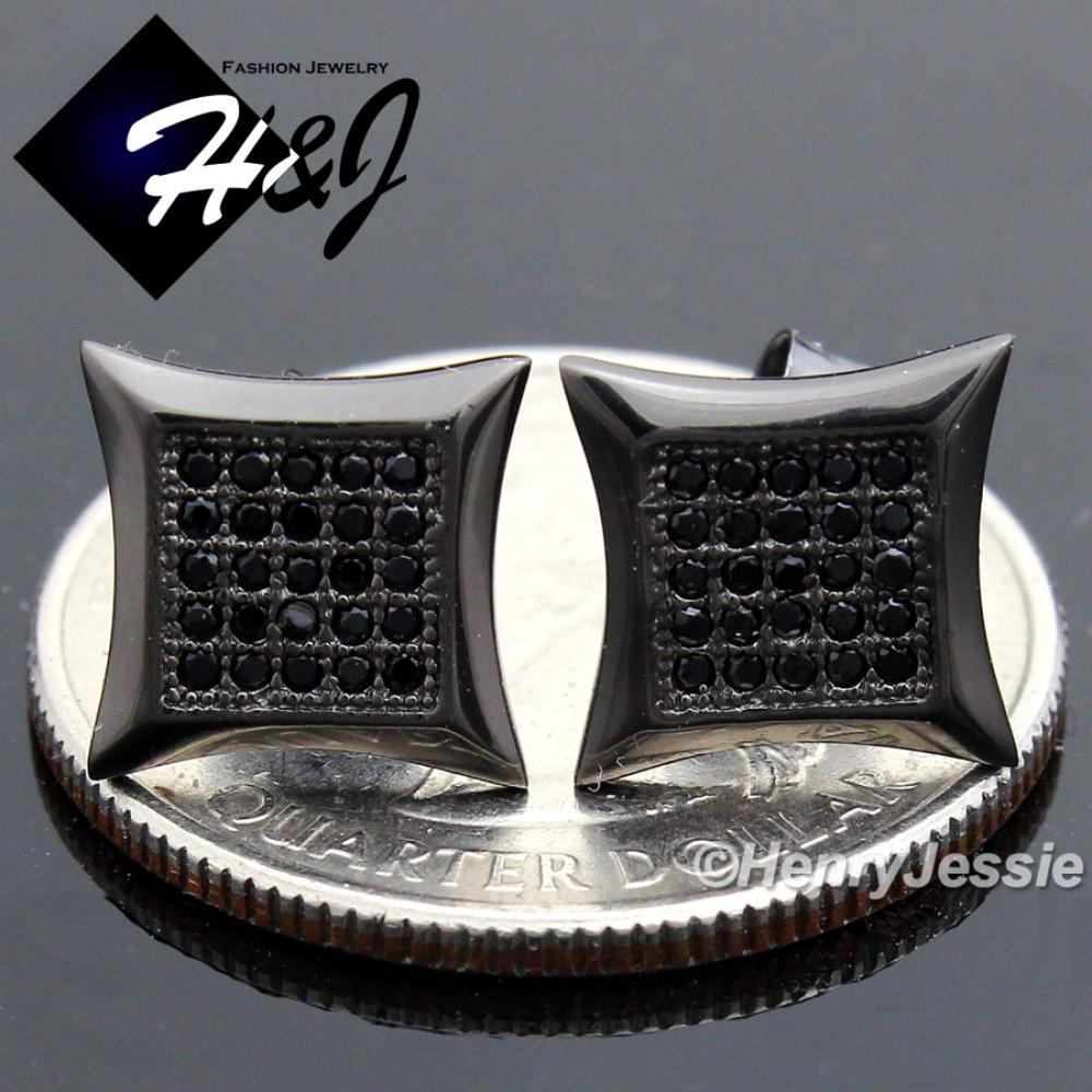 MEN 925 STERLING SILVER 14K BLACK GOLD FINISH 9x9MM SQUARE BLACK STUD EARRING*BE94