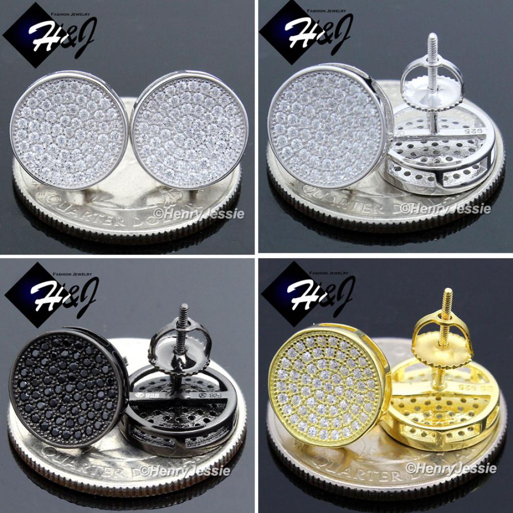 Men 925 STERLING SILVER 12MM SILVER/GOLD/BLACK ROUND SCREW BACK STUD EARRING*E111