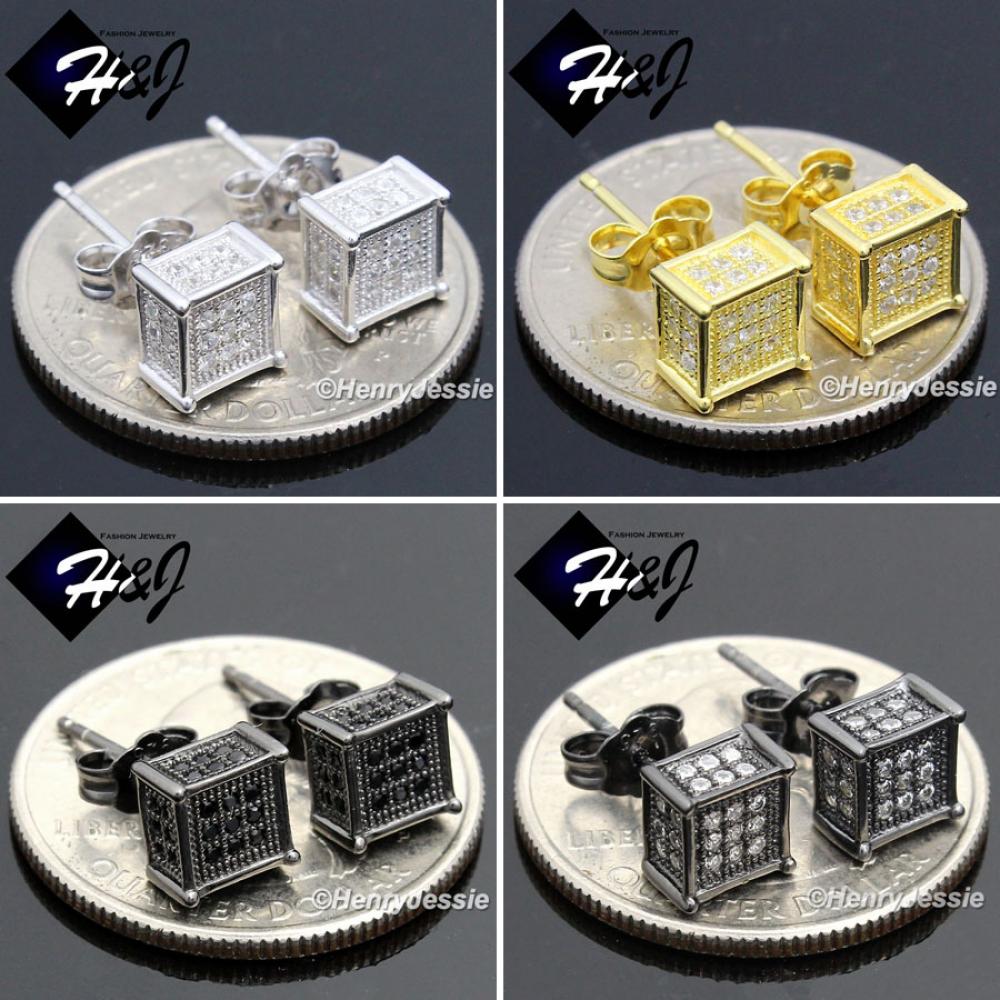 MEN WOMEN 925 STERLING SILVER SQUARE 6X6MM SILVER/GOLD/BLACK ICED 3D STUD EARRING*E123