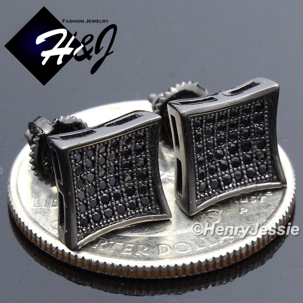 MEN 925 STERLING SILVER 9MM LAB DIAMOND BLACK ICED SCREW BACK STUD EARRING*BE119