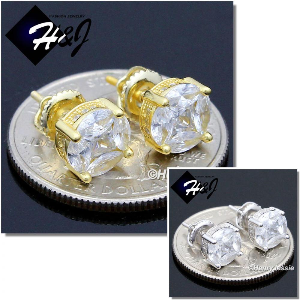 MEN 925 STERLING SILVER 8MM ICED SILVER/GOLD ROUND SCREW BACK STUD EARRING*GE/SE140