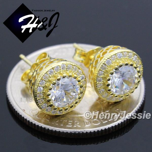 MEN WOMEN 925 STERLING SILVER 9MM LAB DIAMOND ICED ROUND GOLD STUD EARRING*GE80
