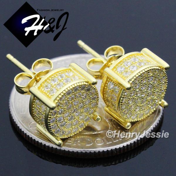 MEN 925 STERLING SILVER 10MM LAB DIAMOND ICED BLING GOLD ROUND STUD EARRING*GE82