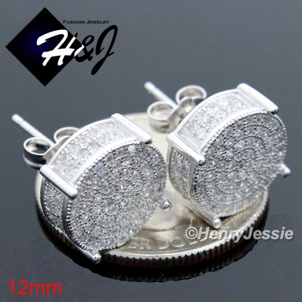 MEN 925 STERLING SILVER 12MM LAB DIAMOND ICED BLING ROUND STUD EARRING*E83