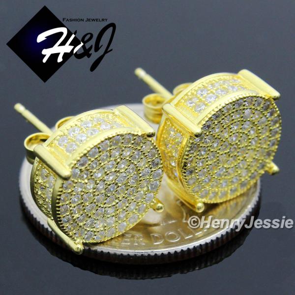 MEN 925 STERLING SILVER 12MM LAB DIAMOND ICED BLING GOLD ROUND STUD EARRING*GE83