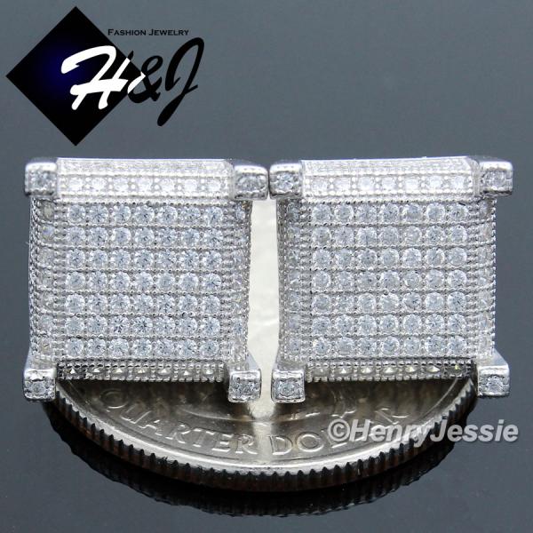 MEN 925 STERLING SILVER 11 X 11MM LAB DIAMOND ICED SCREW BACK 3D STUD EARRING*E85