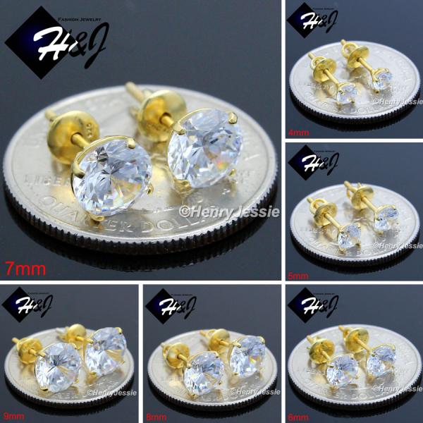 925 STERLING SILVER 4/5/6/7/8/9MM CLEAR ROUND CZ SCREW BACK GOLD STUD EARRING*GE88