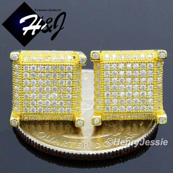 MEN 925 STERLING SILVER SQUARE 11MM LAB DIAMOND ICED GOLD STUD EARRING*E89