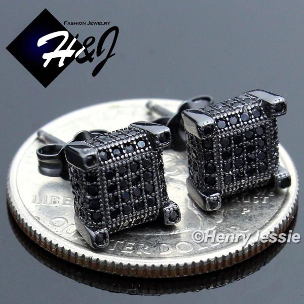 MEN 925 STERLING SILVER SQUARE 7MM LAB DIAMOND SOLID BLACK ICED STUD EARRING*BE90