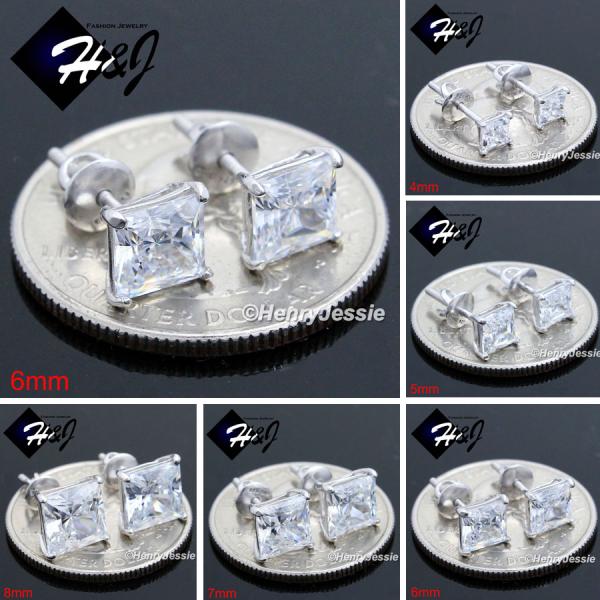 925 STERLING SILVER 4/5/6/7/8MM SQUARE CLEAR CUT CZ SCREW BACK STUD EARRING*SE93