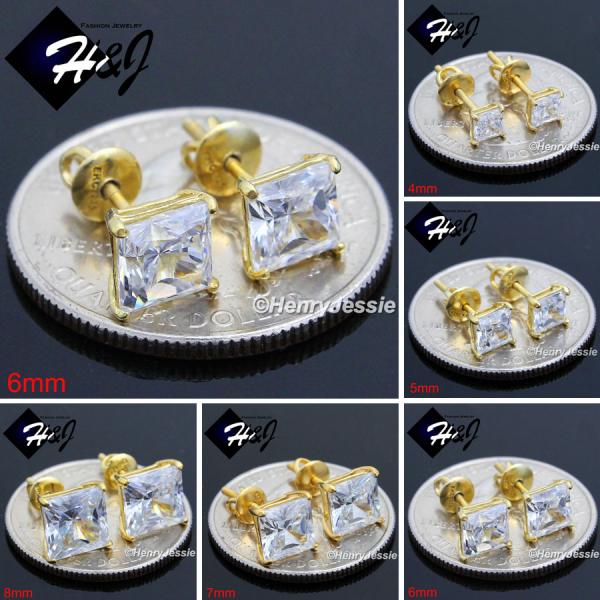 925 STERLING SILVER 4/5/6/7/8/9MM SQUARE CLEAR CZ GOLD SCREW BACK STUD EARRING*GE93