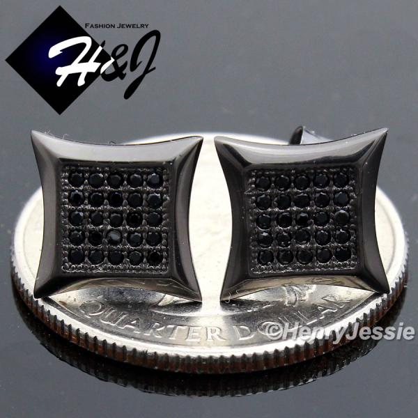 MEN 925 STERLING SILVER 14K BLACK GOLD FINISH 9x9MM SQUARE BLACK STUD EARRING*BE94