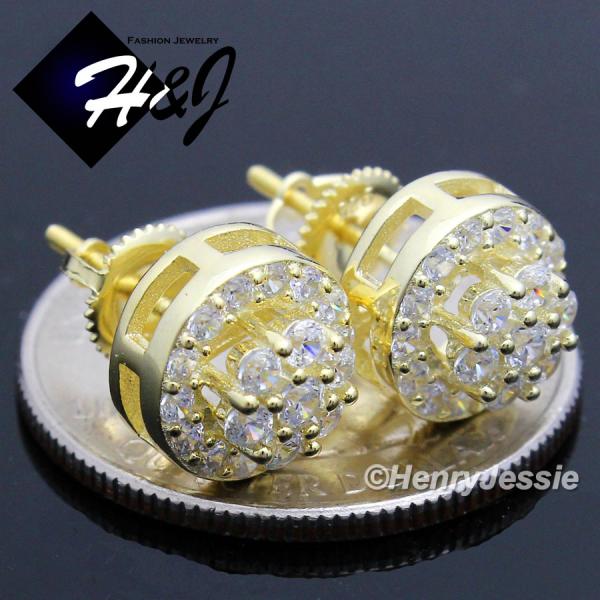925 STERLING SILVER 10MM LAB DIAMOND BLING ROUND SCREW BACK GOLD STUD EARRING*GE95