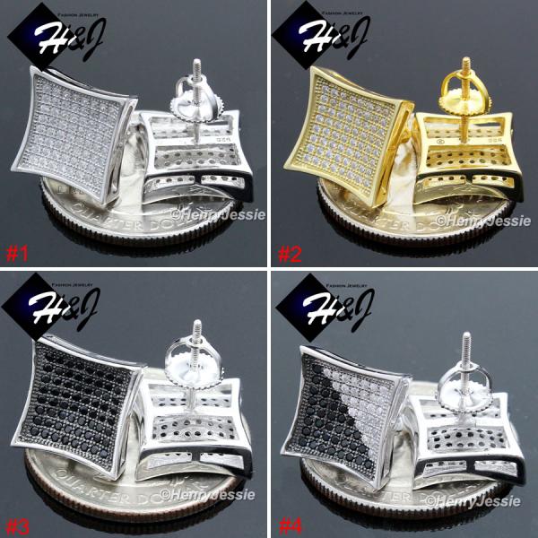 MEN 925 STERLING SILVER 12X12MM BLING SILVER/GOLD/BLACK SCREW BACK STUD EARRING*E99