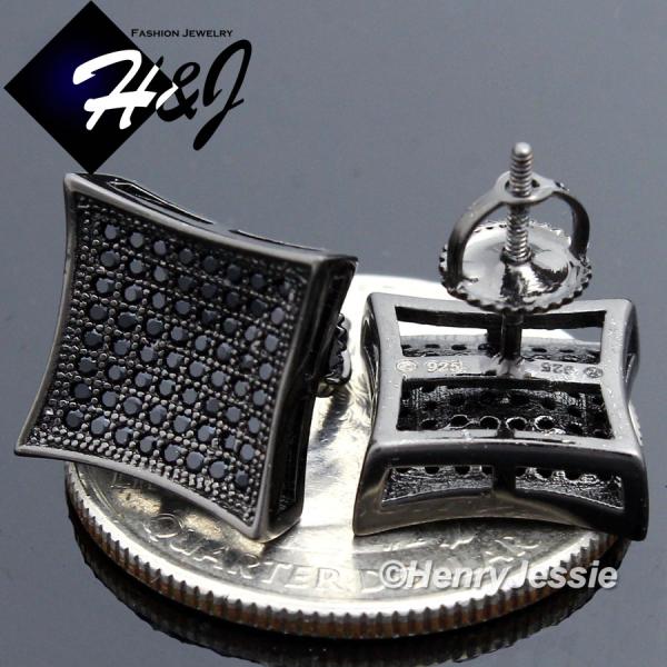 MEN 925 STERLING SILVER 12X12MM ICED BLING SOLID BLACK SCREW BACK SQUARE STUD EARRING*BE99