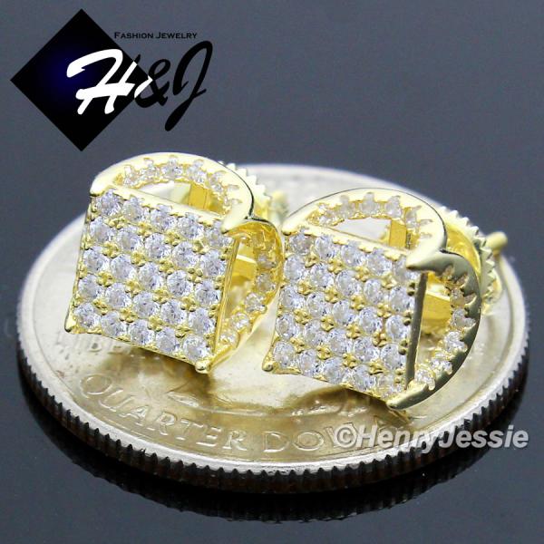MEN 925 STERLING SILVER 7X7MM LAB DIAMOND ICED GOLD SCREW BACK STUD EARRING*GE110