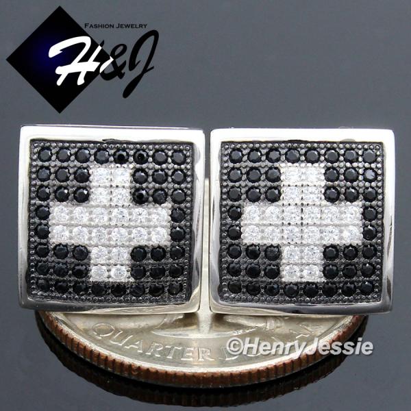 MEN 925 STERLING SILVER 12X12MM BLACK SILVER ICED SCREW BACK STUD EARRING*BE116