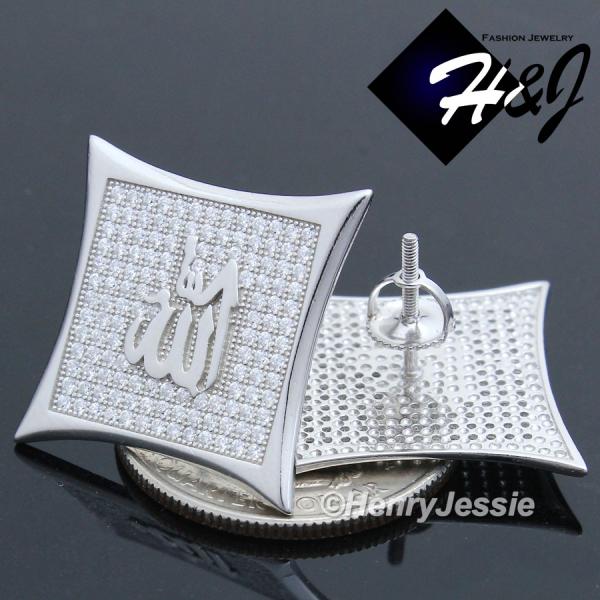 MEN 925 STERLING SILVER JUMBO 22MM MUSLIM ALLAH ICED SCREW BACK STUD EARRING*E113