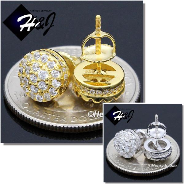 MEN 925 STERLING SILVER 9MM ICED SILVER/GOLD ROUND SCREW BACK STUD EARRING*GE/SE141