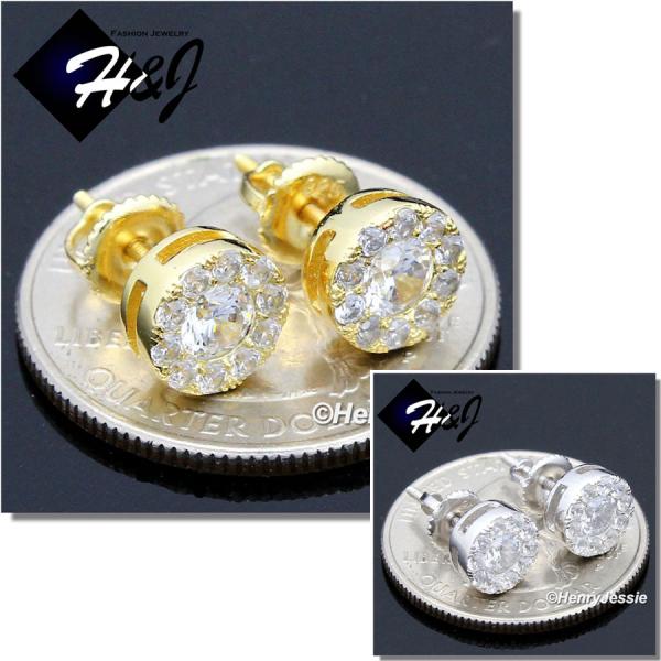 MEN 925 STERLING SILVER 8MM ICED SILVER/GOLD ROUND SCREW BACK STUD EARRING*GE/SE143