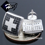MEN 925 STERLING SILVER 12X12MM BLACK SILVER ICED SCREW BACK STUD EARRING*BE116